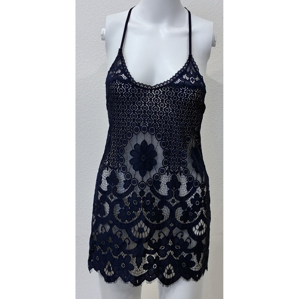 In Bloom‎ By Jonquil 2 Piece Lace Lingerie Set Chemise & Thong Size XS Navy